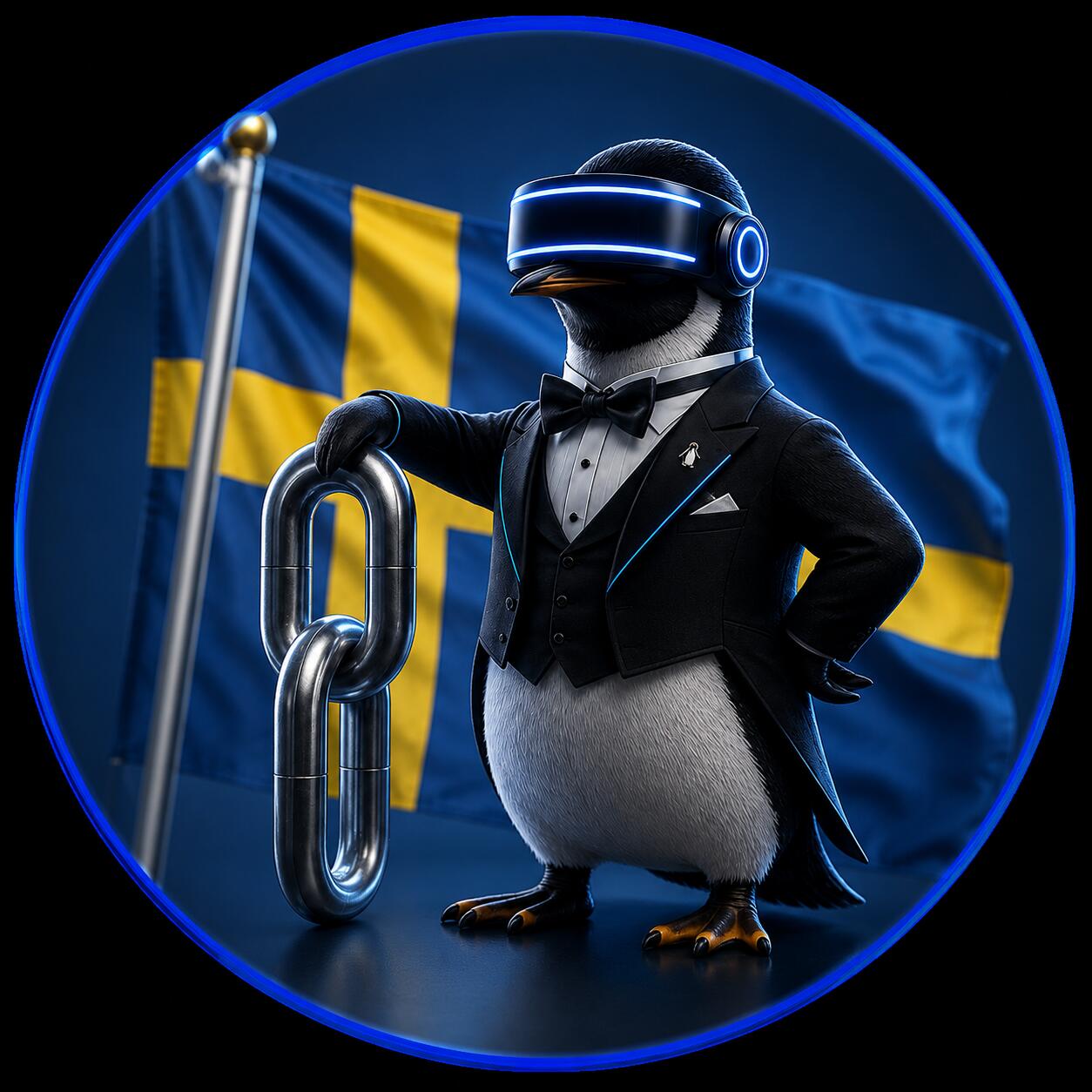 SEO Butler penguin butler holding a chain link in front of the Swedish flag – Swedish link building market