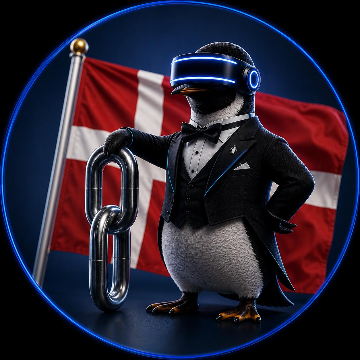 SEO Butler penguin butler holding a chain link in front of the Danish flag – Danish link building market