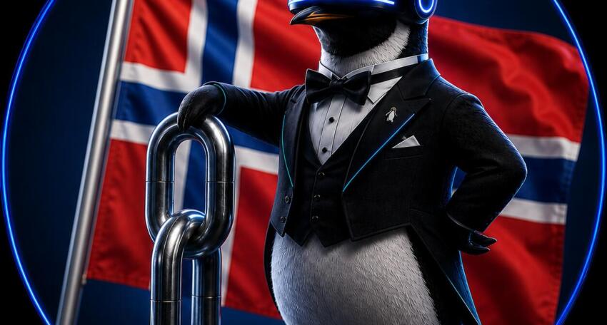 SEO Butler penguin butler holding a chain link in front of the Norwegian flag – Norwegian link building market