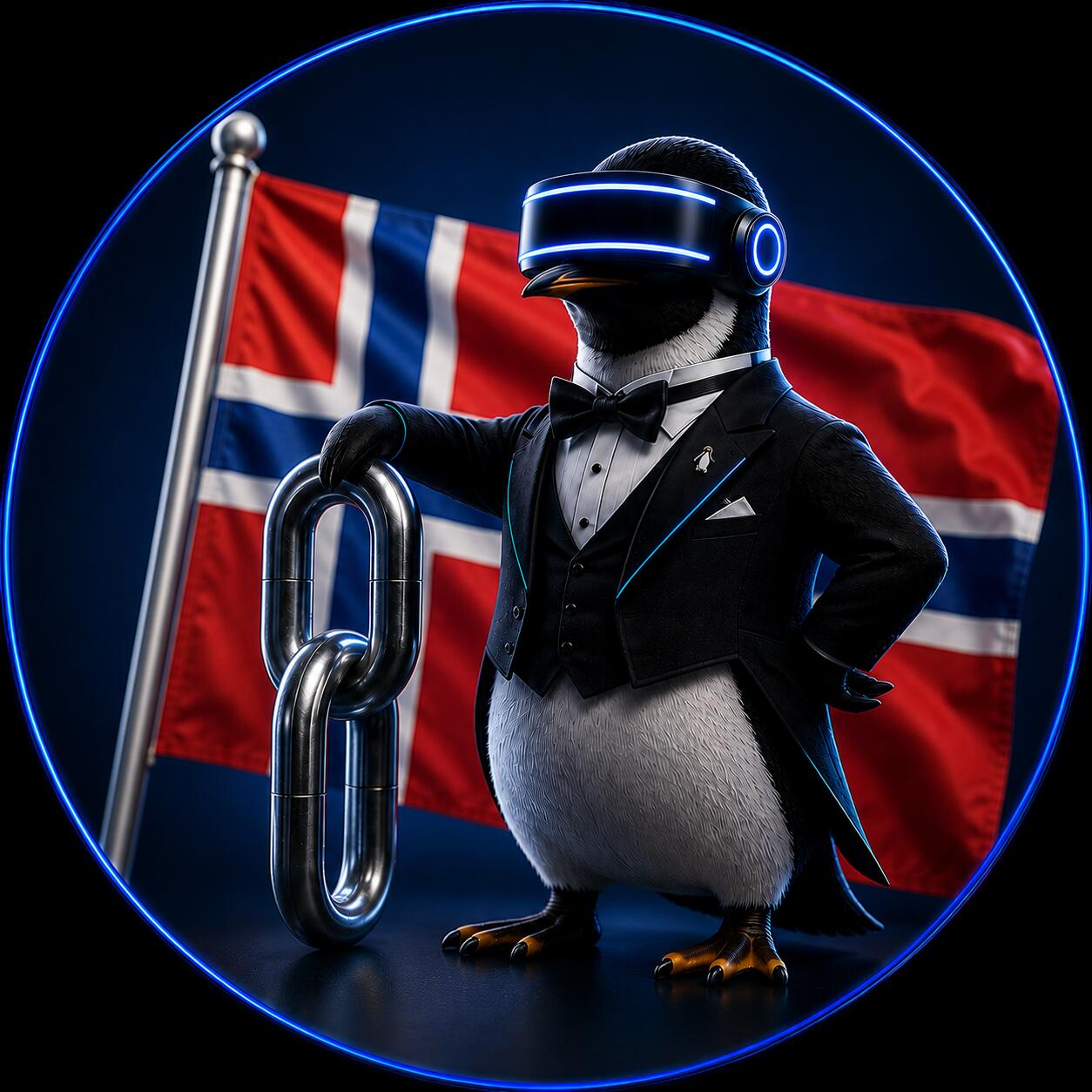 SEO Butler penguin butler holding a chain link in front of the Norwegian flag – Norwegian link building market