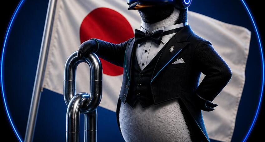 SEO Butler penguin butler holding a chain link in front of the Japanese flag – Japanese link building market