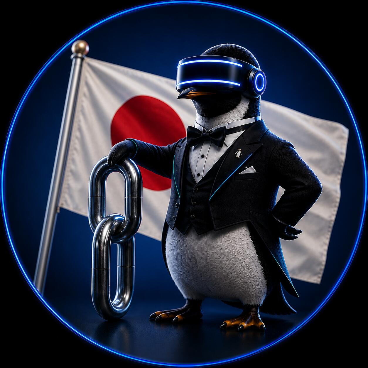 SEO Butler penguin butler holding a chain link in front of the Japanese flag – Japanese link building market