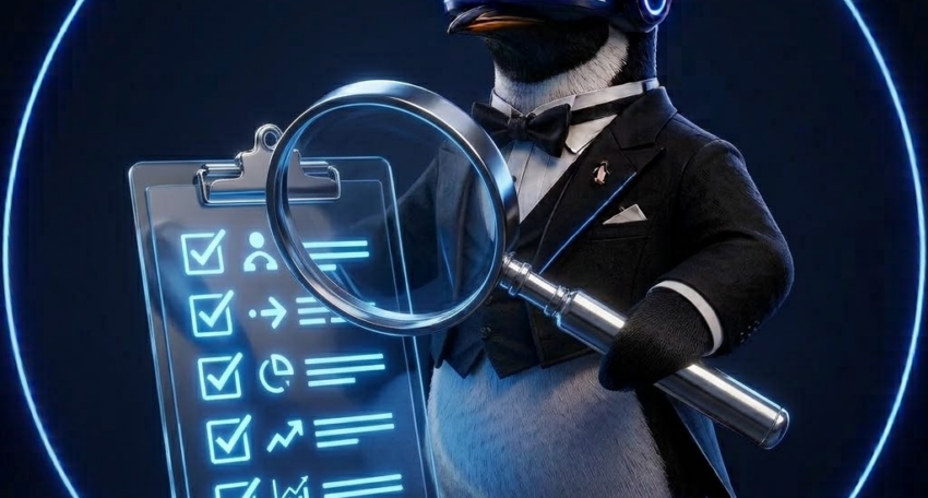SEO Butler penguin butler holding a magnifying glass over a glowing audit checklist