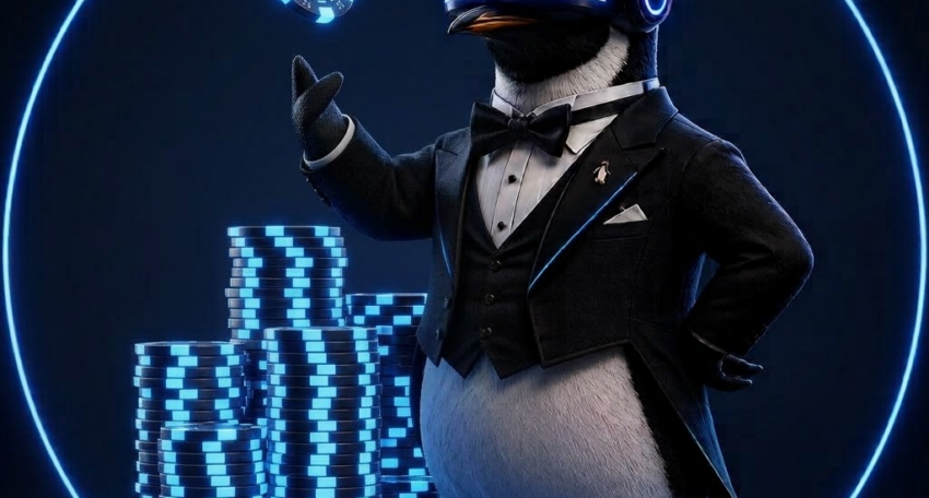 SEO Butler penguin butler tossing a chip over a tall stack of glowing casino chips