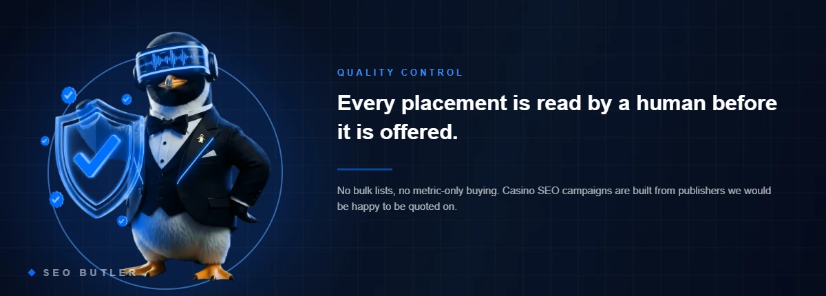 SEO Butler penguin butler with a glowing shield - manual link vetting