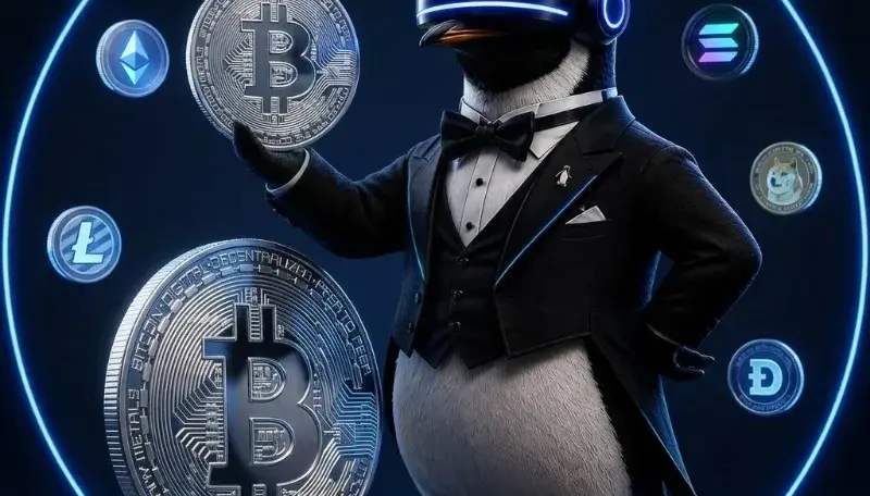 Crypto SEO – SEO Butler penguin butler holding a glowing Bitcoin coin surrounded by crypto tokens