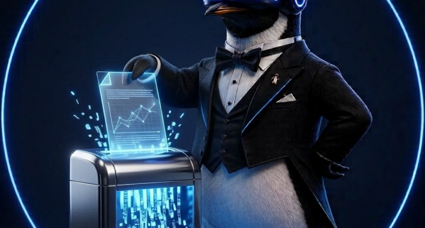 SEO Butler penguin butler beside a glowing trash bin full of shredded reports