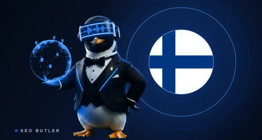 SEO Butler penguin butler holding a glowing globe beside the Finnish flag - Finland link building and SEO