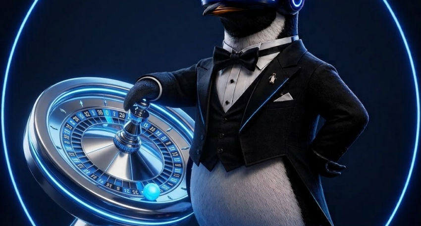SEO Butler penguin butler holding a glowing roulette wheel beside stacked casino chips