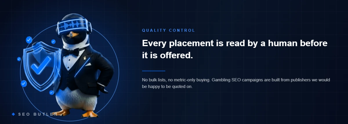 SEO Butler penguin butler with a glowing shield - manual link vetting
