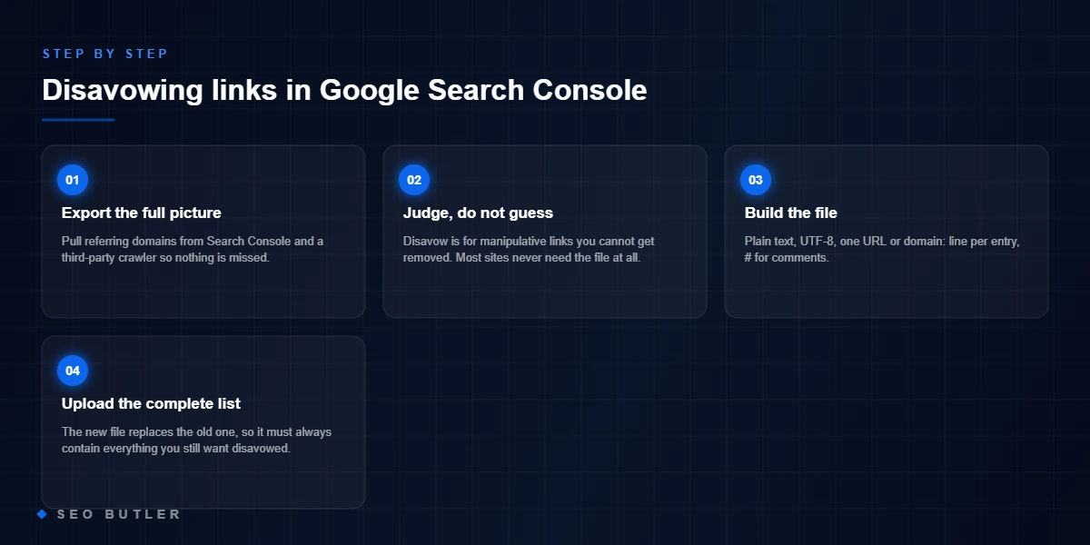 Disavowing links in Google Search Console - Export the full picture, Judge, do not guess, Build the file, Upload the complete list