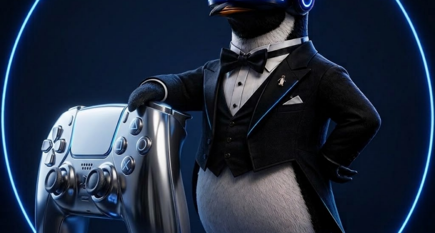 SEO Butler penguin butler beside a glowing slot machine with dice and casino chips