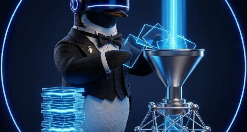 SEO Butler penguin butler beside a glowing funnel indexing a stack of web pages