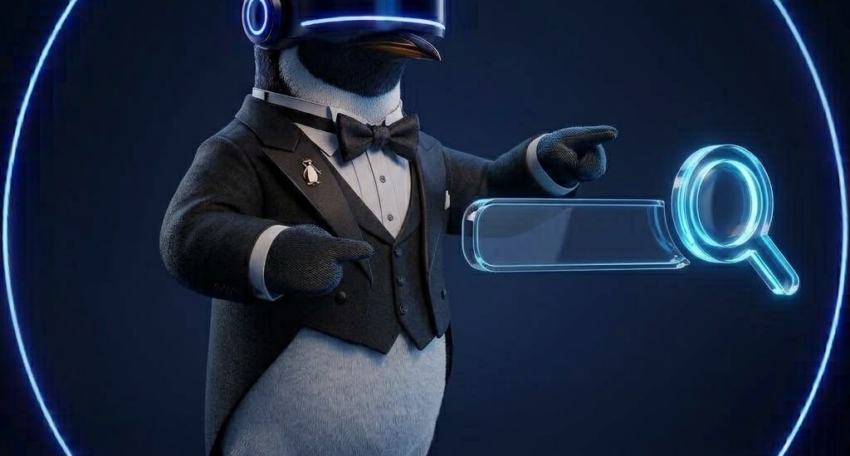 SEO Butler penguin butler holding a glowing search bar with a magnifying glass