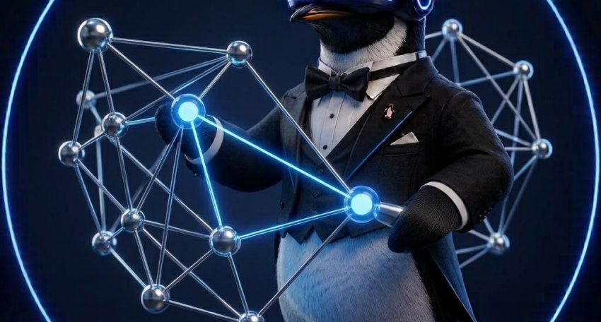 SEO Butler penguin butler holding a glowing web of connected nodes representing internal links