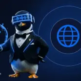 SEO Butler penguin butler holding a glowing globe beside the International flag - international English markets link building and SEO