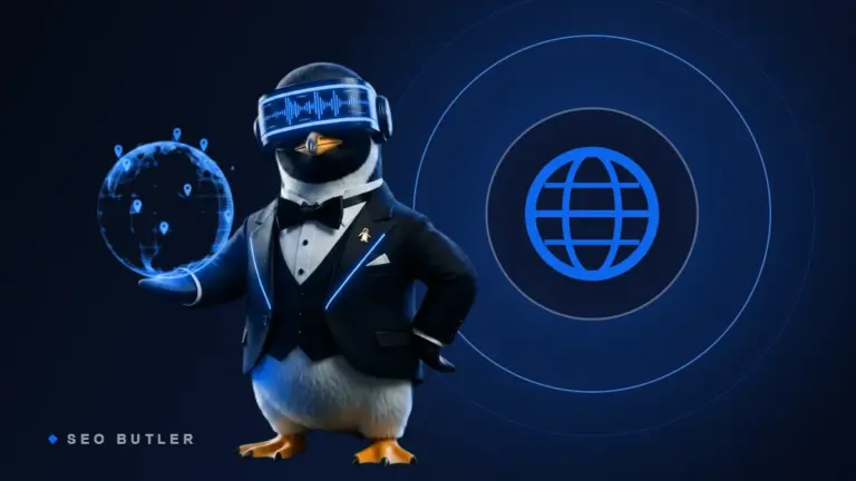SEO Butler penguin butler holding a glowing globe beside the International flag - international English markets link building and SEO