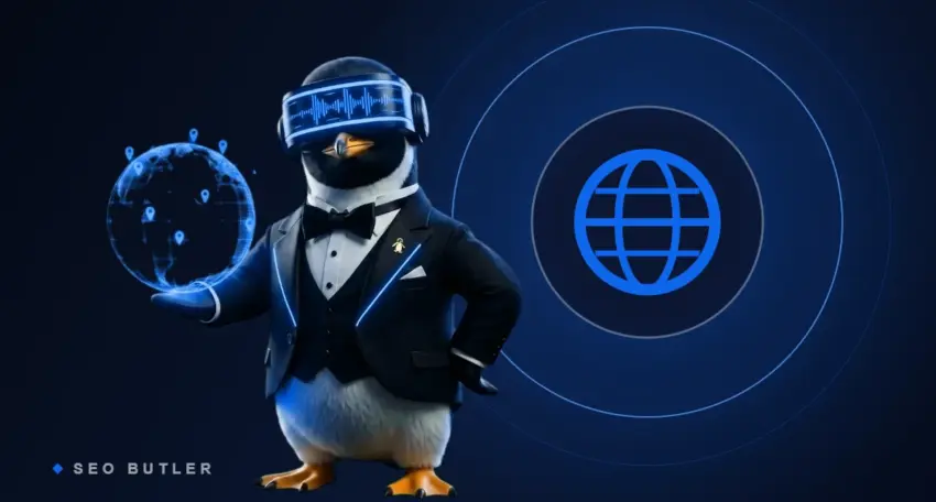SEO Butler penguin butler holding a glowing globe beside the International flag - international English markets link building and SEO