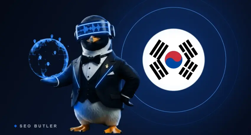 SEO Butler penguin butler holding a glowing globe beside the Korean flag - South Korea link building and SEO