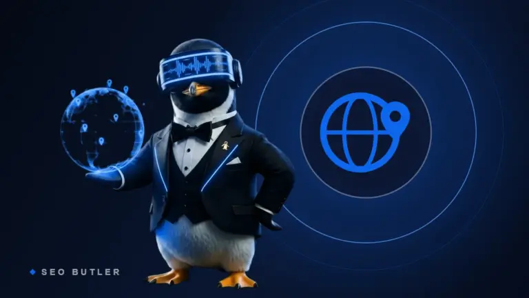 SEO Butler penguin butler holding a glowing globe beside the Latin American flag - Latin America link building and SEO