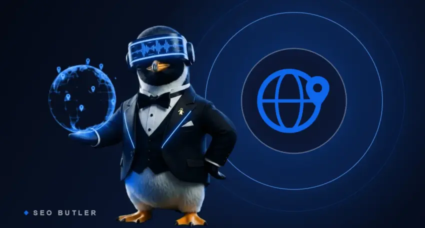 SEO Butler penguin butler holding a glowing globe beside the Latin American flag - Latin America link building and SEO