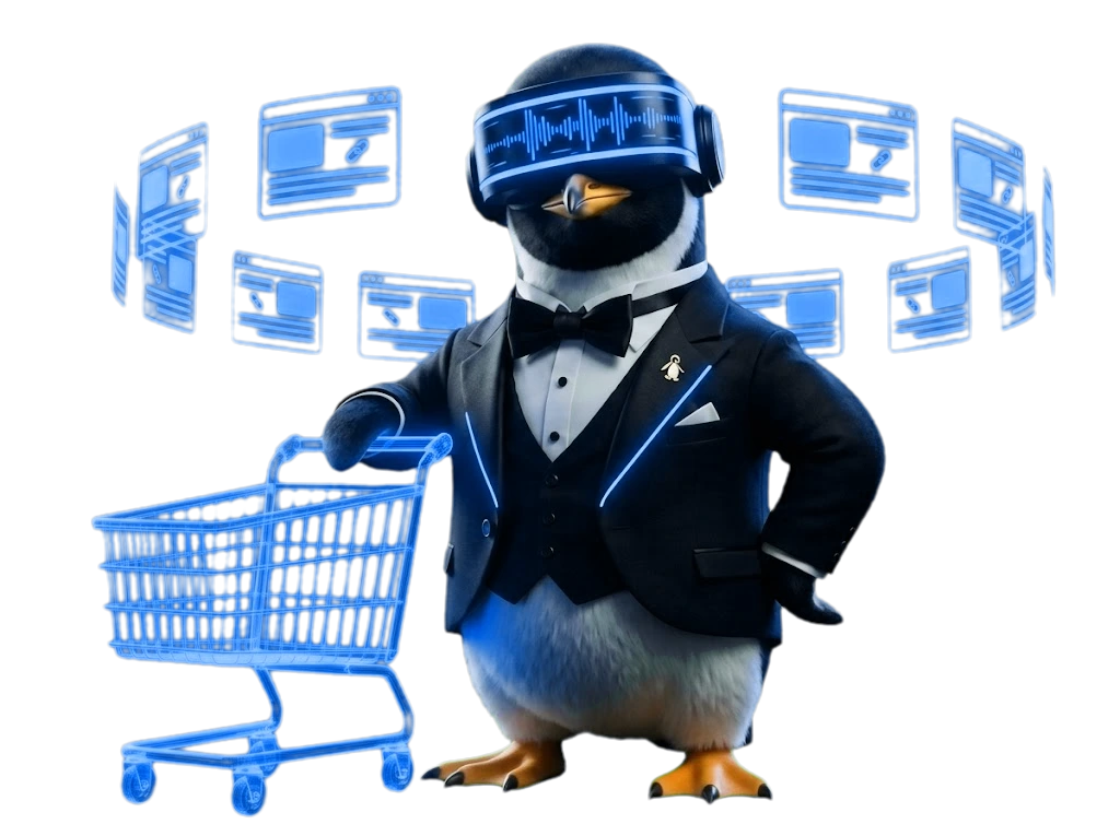 SEO Butler penguin holding glowing blue chains linking to other websites