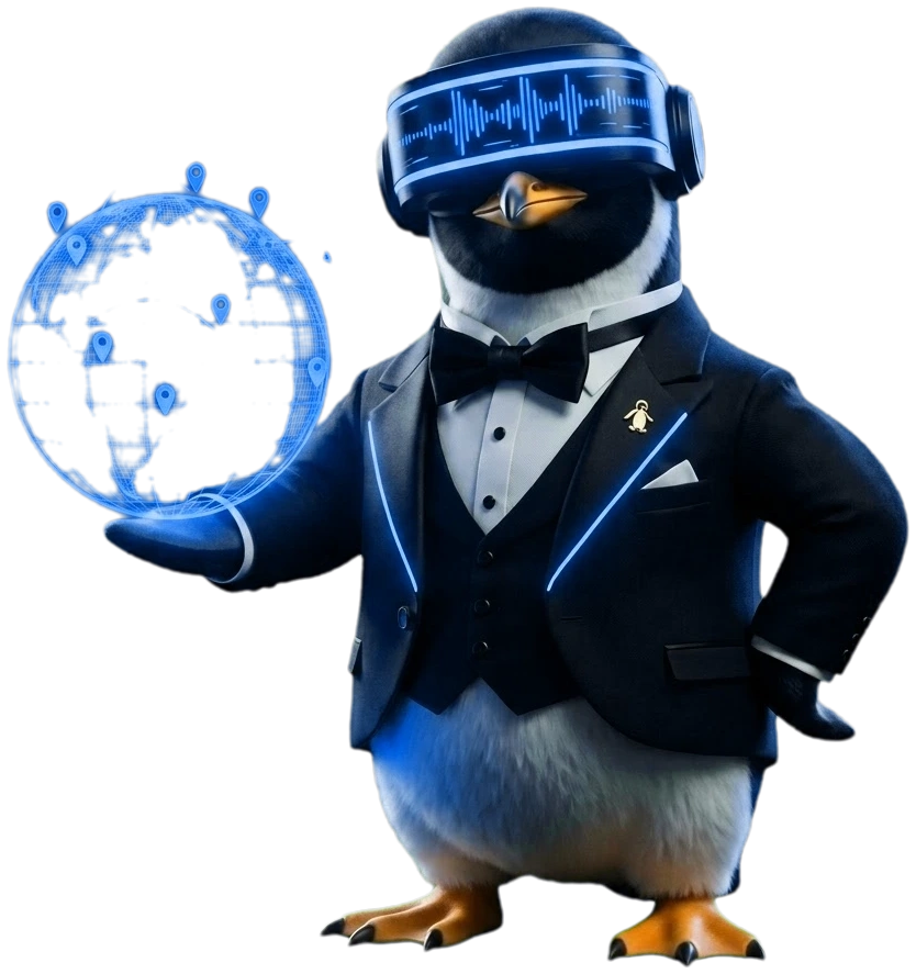 SEO Butler penguin with a globe showing the markets we build links in