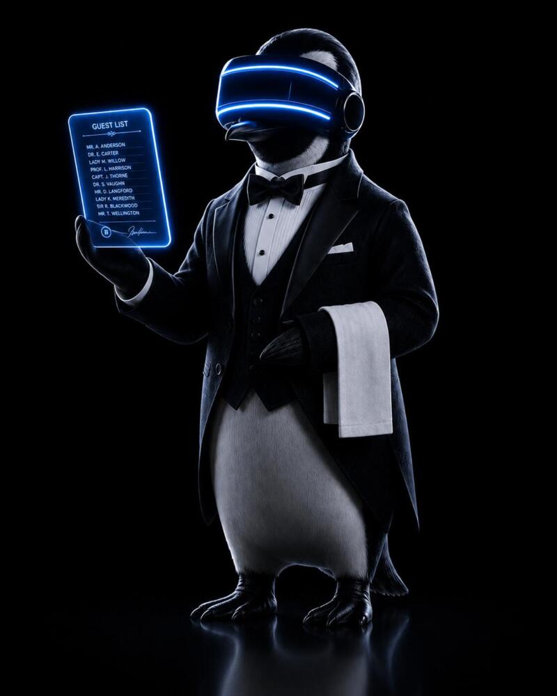 SEO Butler penguin mascot in a tuxedo holding a glowing blue guest list tablet