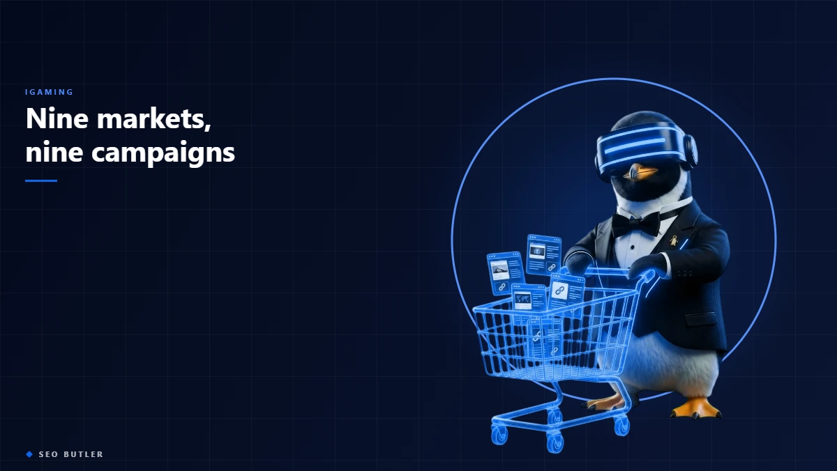 SEO Butler penguin butler with a trolley of website cards - iGaming SEO across nine markets, nine campaigns