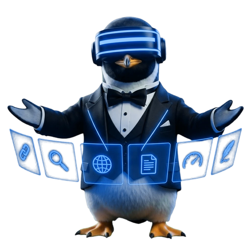 SEO Butler penguin presenting the six SEO services