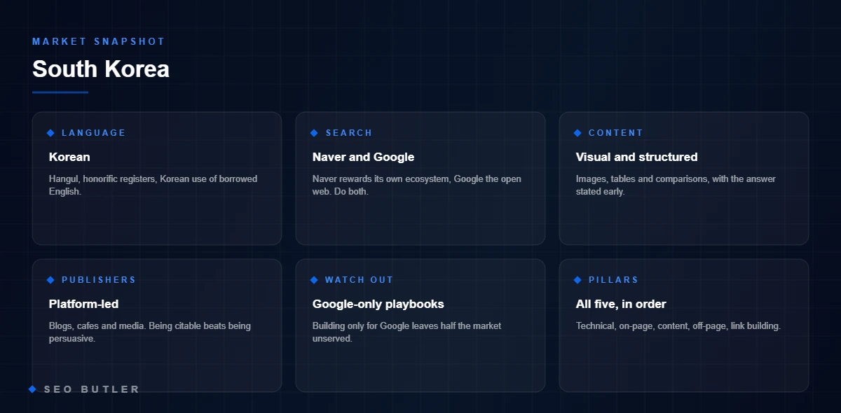Market snapshot for South Korea - language, search engines, content style and publishers