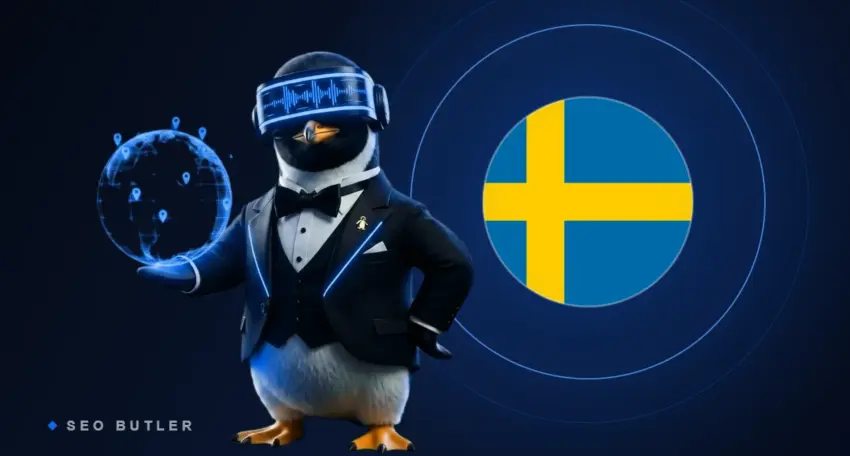SEO Butler penguin butler holding a glowing globe beside the Swedish flag - Sweden link building and SEO