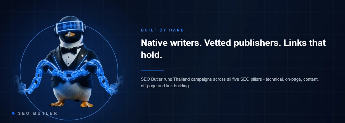 SEO Butler penguin butler holding glowing chain links - Thailand link building
