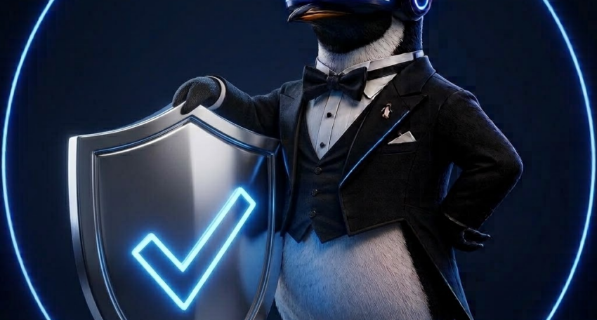 SEO Butler penguin butler holding a glowing shield with a checkmark